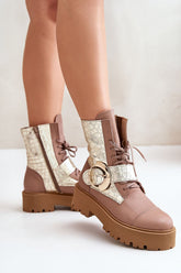 Bottines en cuir à boucle dorée - Beige